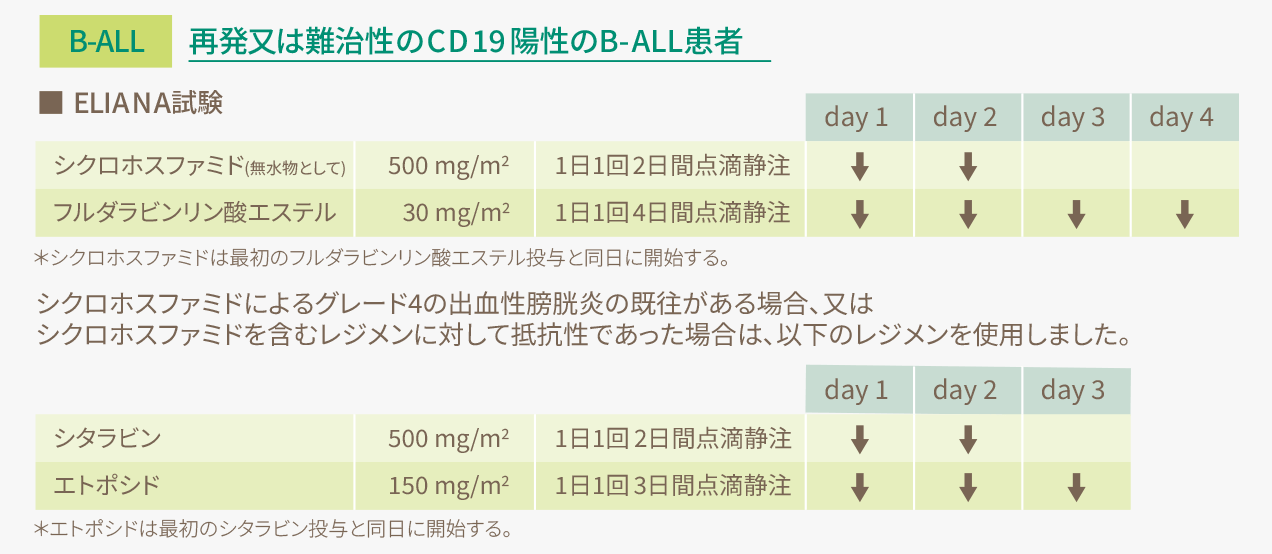 臨床試験においてリンパ球除去化学療法に用いられたレジメンの表（再発又は難治性のCD19陽性のB-ALL患者）